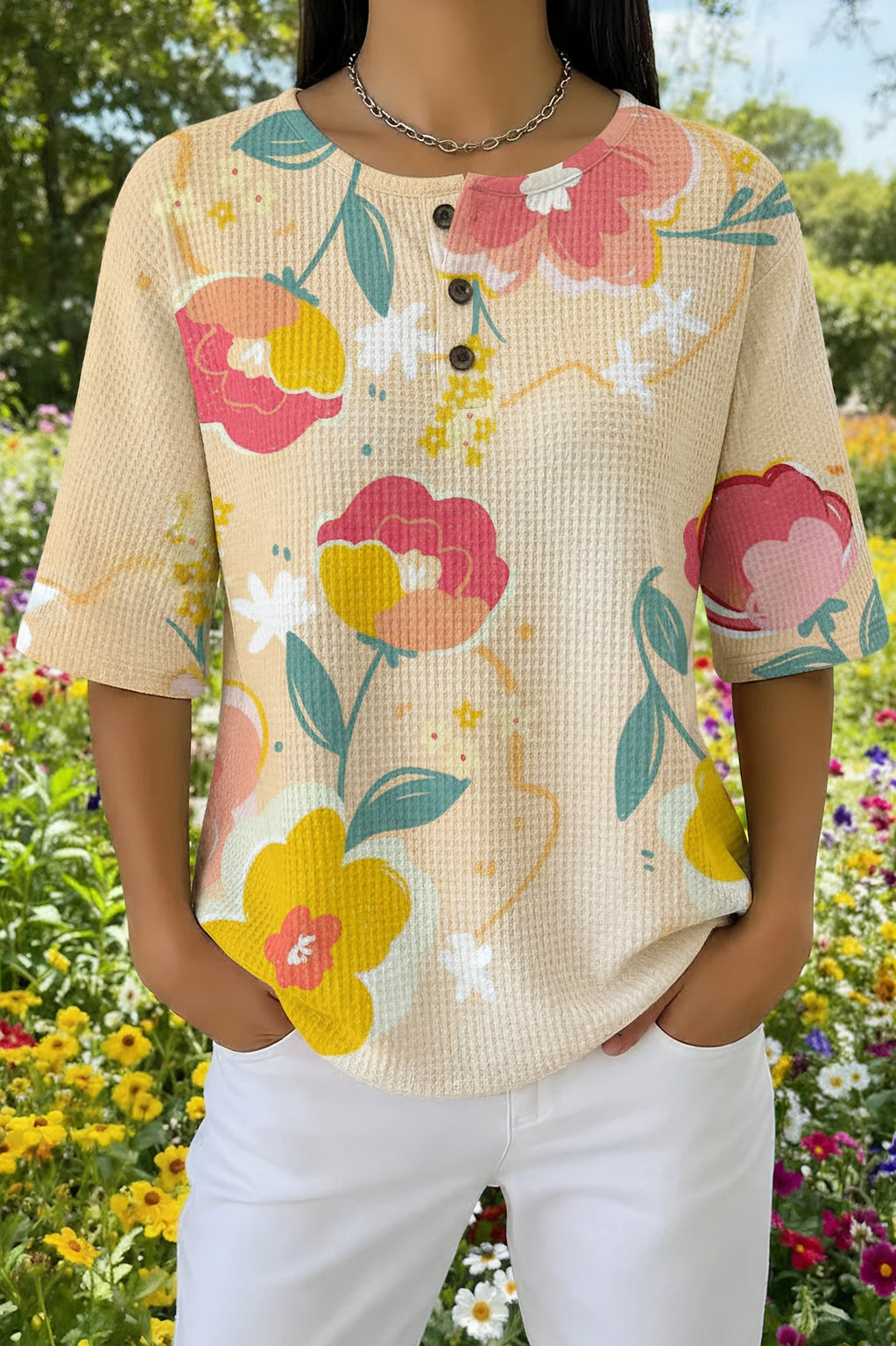 Womens Beige Floral Print Casual Henley Shirt
