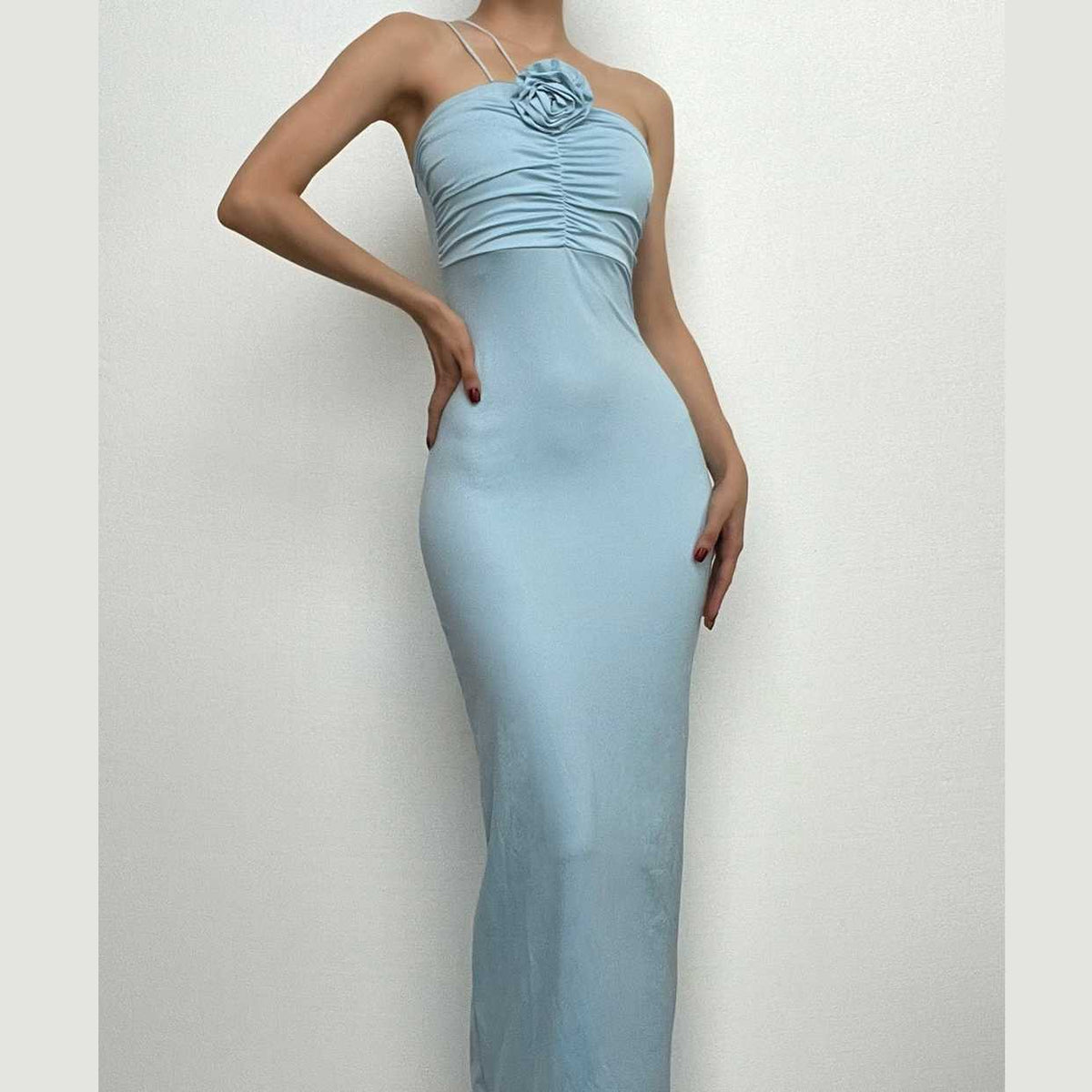 Rosette Applique Ruched Bust Asymmetric Strap Bodycon Maxi Dress