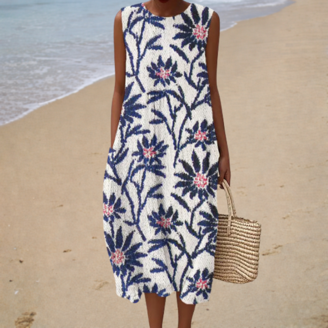 Floral Print Round Neck Sleeveless Pocket Midi Dress
