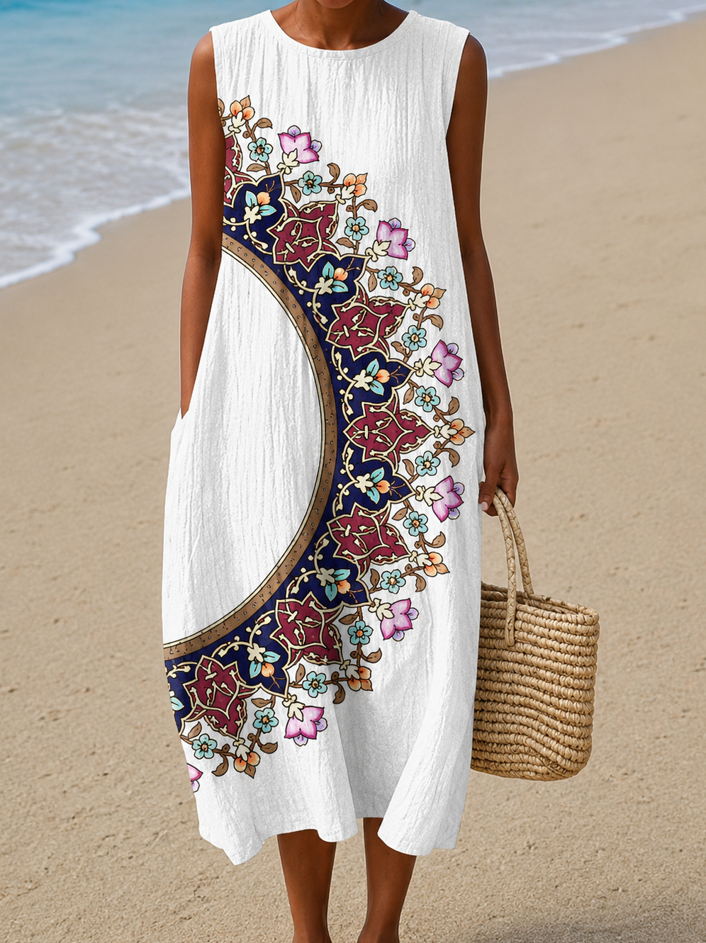 Bohemian Medallion Print Crew Neck Sleeveless Midi Dress