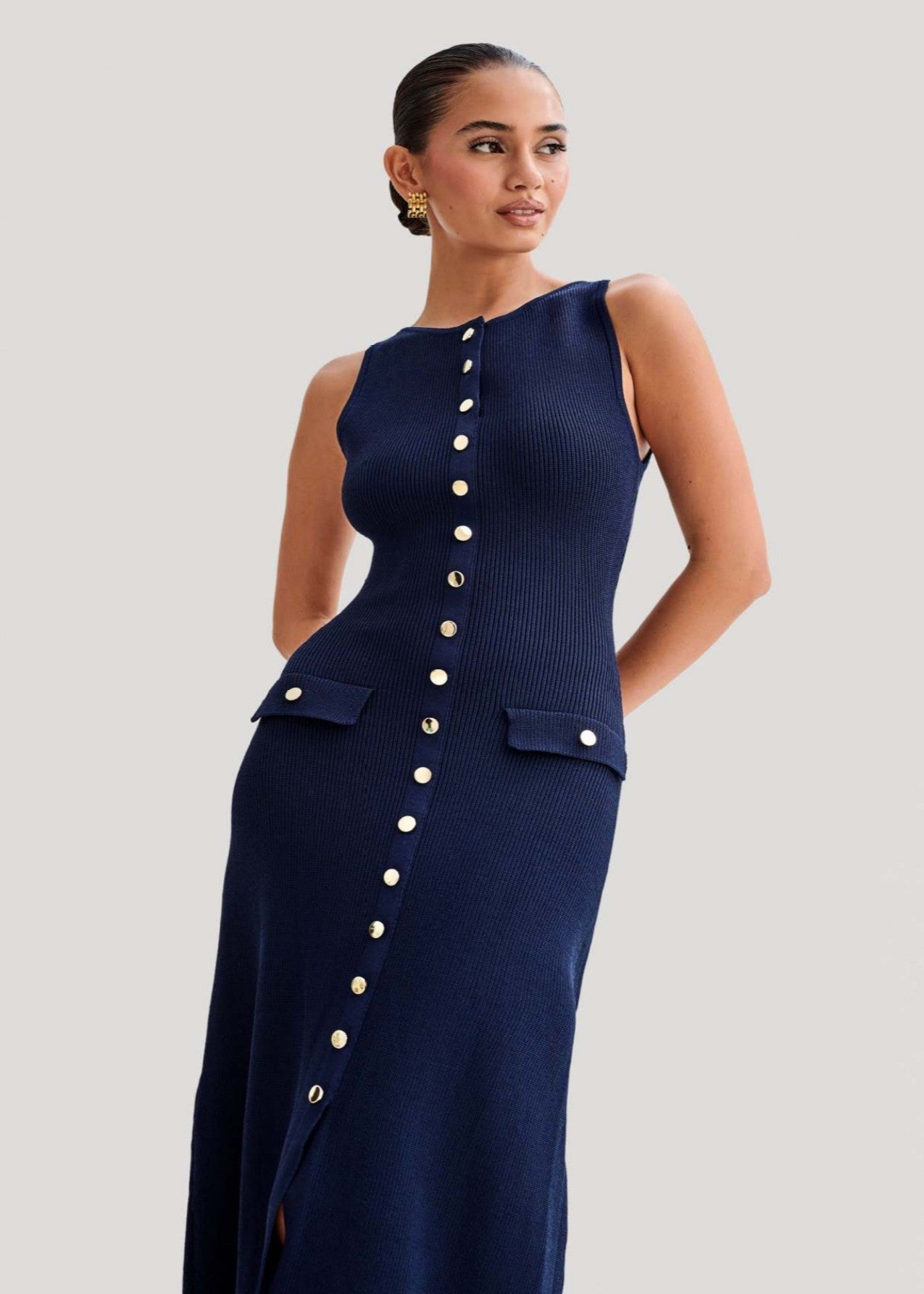 Juliette Ribbed Knit Button Midi Dress