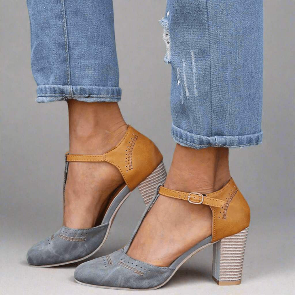Round Toe T-Strap Buckle Block Heel Pumps