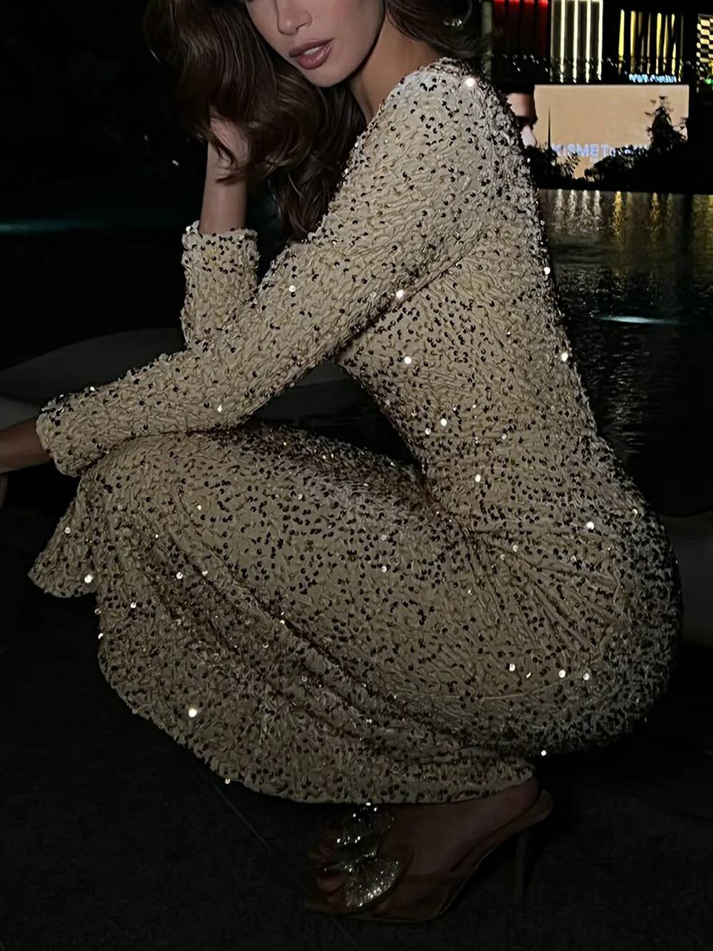 Sequin Long Sleeve Maxi Dress