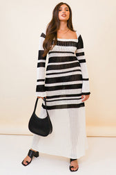 Crochet Knit Striped Square Neck Long Sleeve Maxi Dress 5