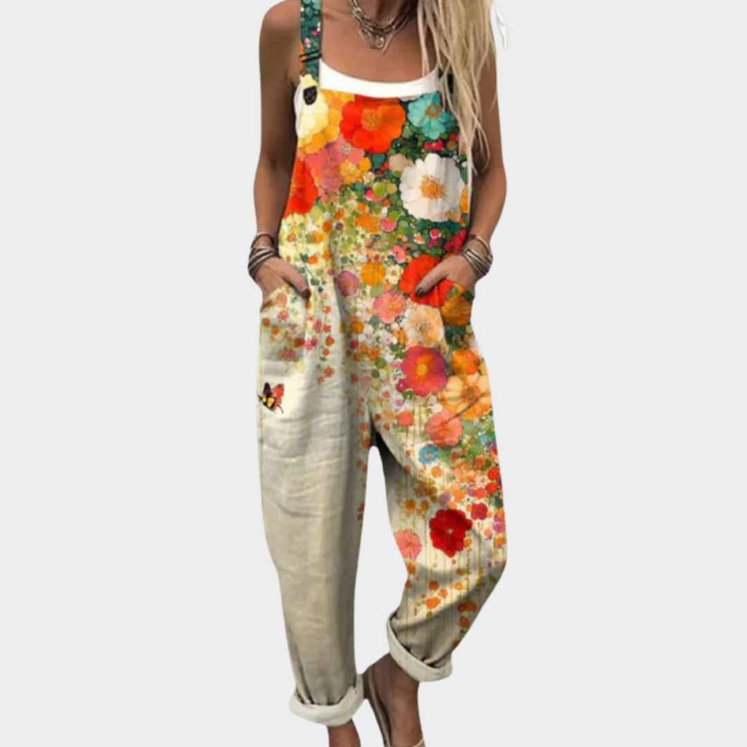 Floral Print Wide Strap Cuffed Leg Overall Jumpsuit
