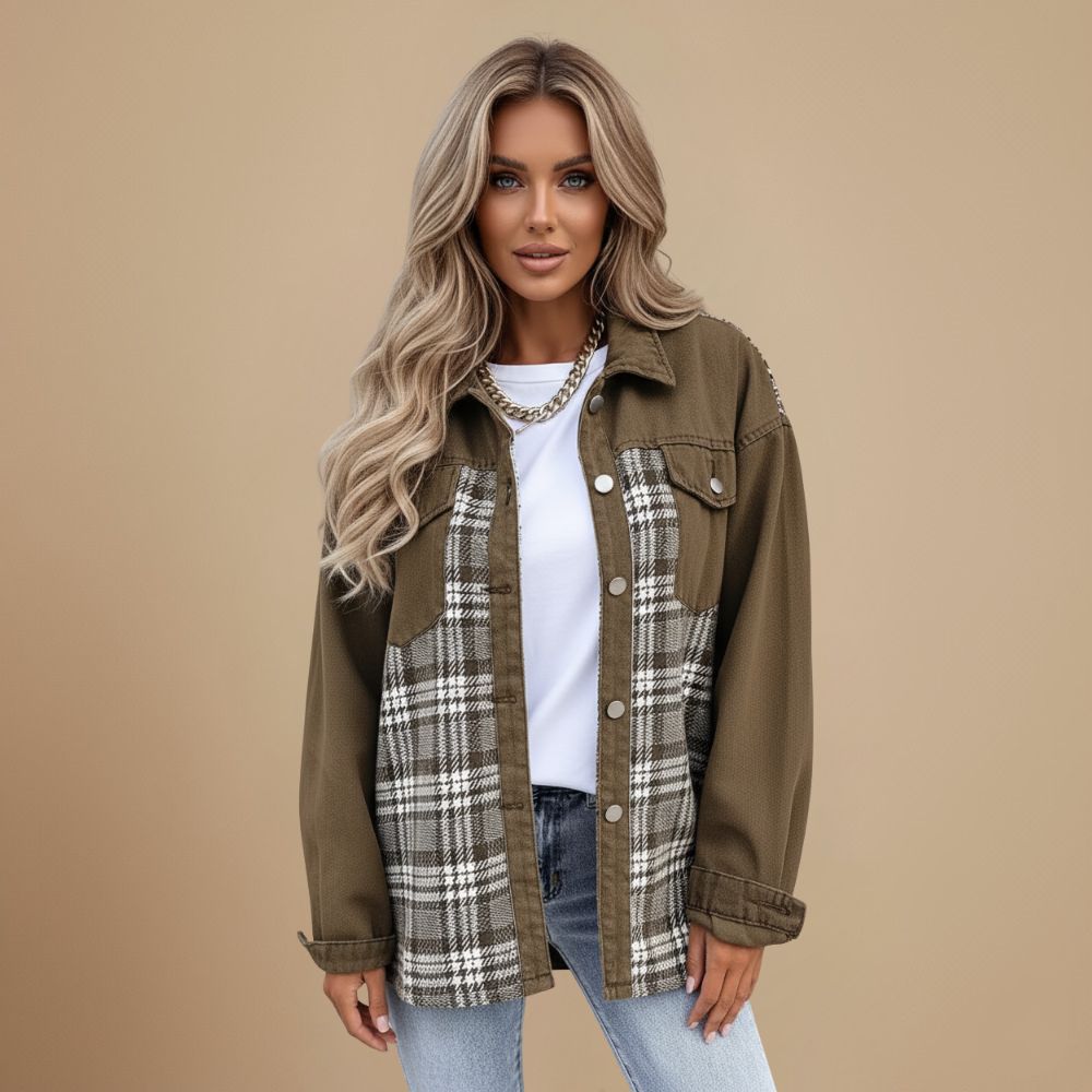 Denim Jacket with Plaid Patchwork and Button Closure
