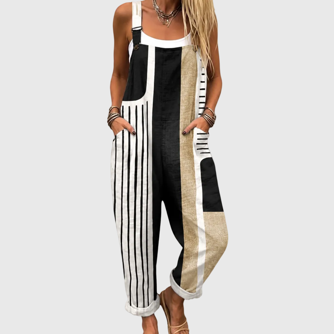 Striped Colorblock Wide Leg Overall Jumpsuit