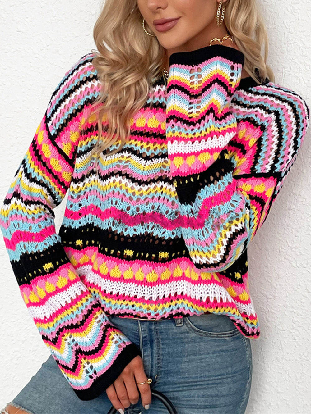 Open Knit Crochet Striped Drop Shoulder Sweater