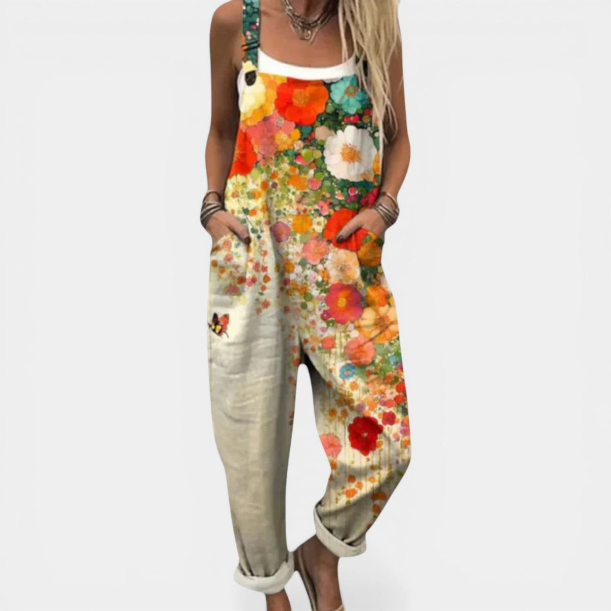 Floral Print Square Neck Pocket Overall Jumpsuit
