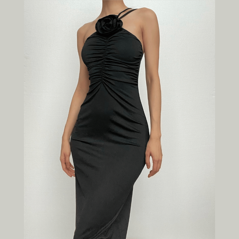Rosette Applique Asymmetric Strap Ruched Front Bodycon Maxi Dress