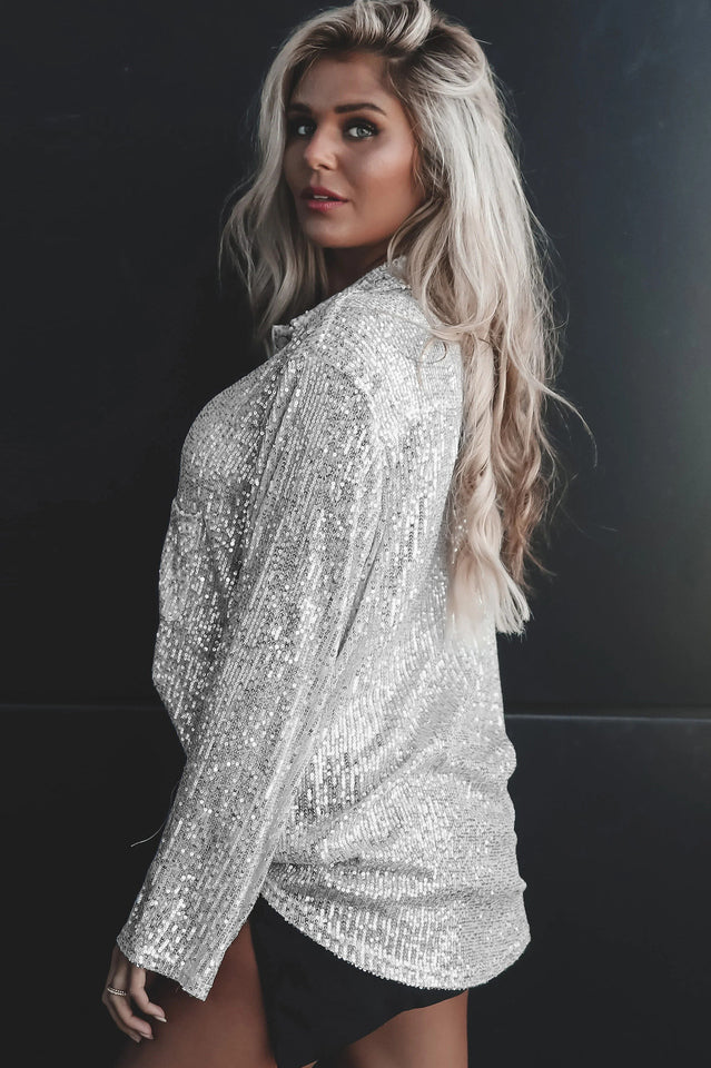 Sequin Collared V-Neck Long Sleeve Oversized Button Front Shirt 22