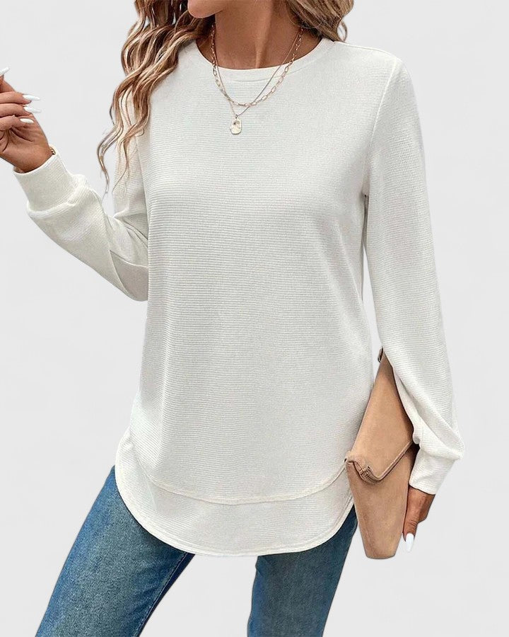Crew Neck Long Sleeve Waffle Knit Curved Hem Top