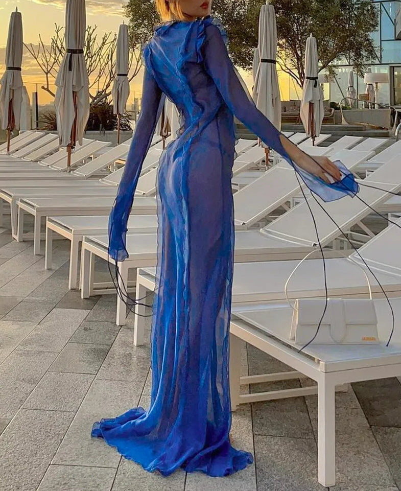 Sheer Chiffon Ruffle Trim Tie Front Long Sleeve High Split Maxi Dress 2