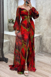 Sunset Serenade Printed Off Shoulder Diamond Maxi Dress - View 10