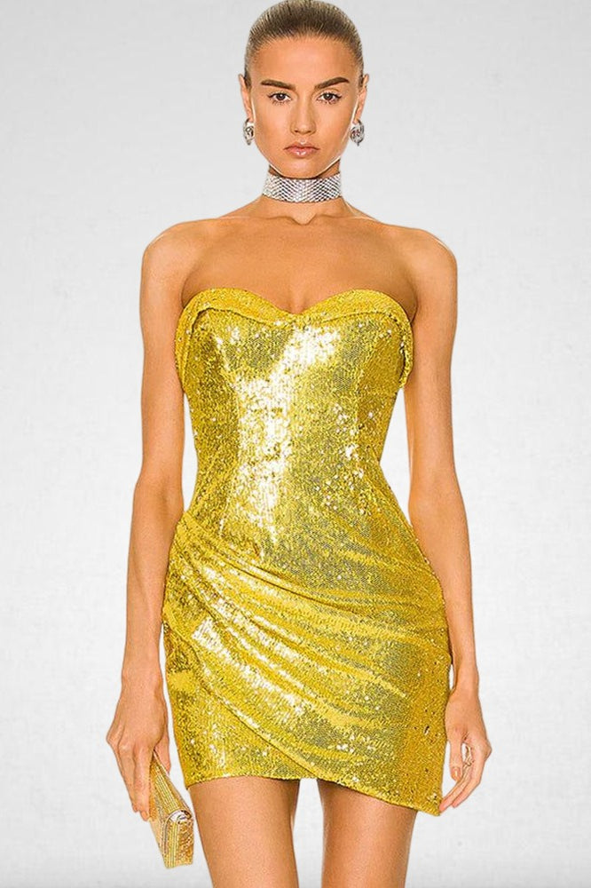 Sequin Strapless Sweetheart Neck Ruched Bodycon Mini Dress