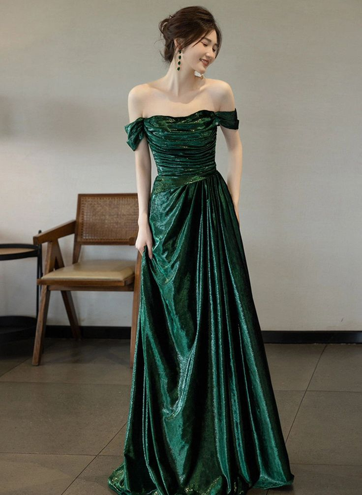 Beautiful Green Off Shoulder Evening Dress, Green Long Prom Dress  cc1444