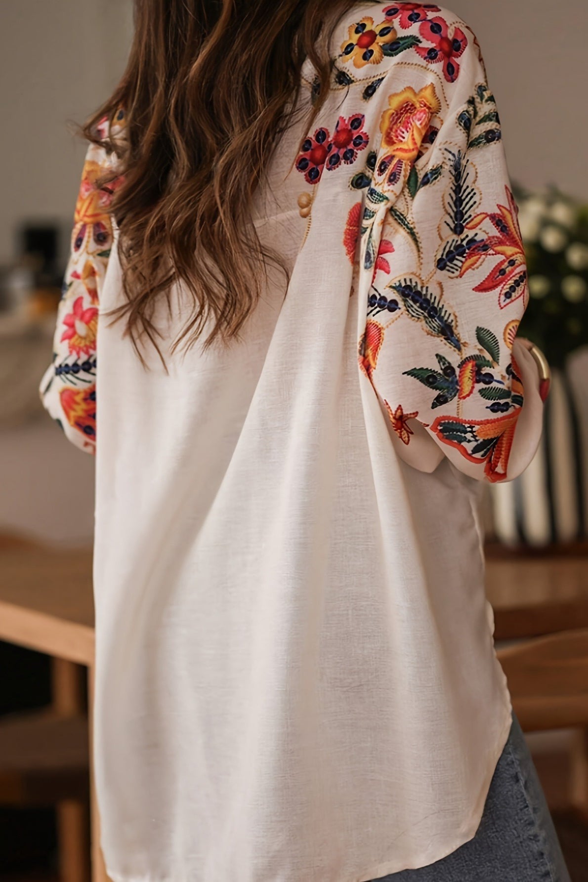 Floral Print Collared Button Front Lantern Sleeve Blouse 3