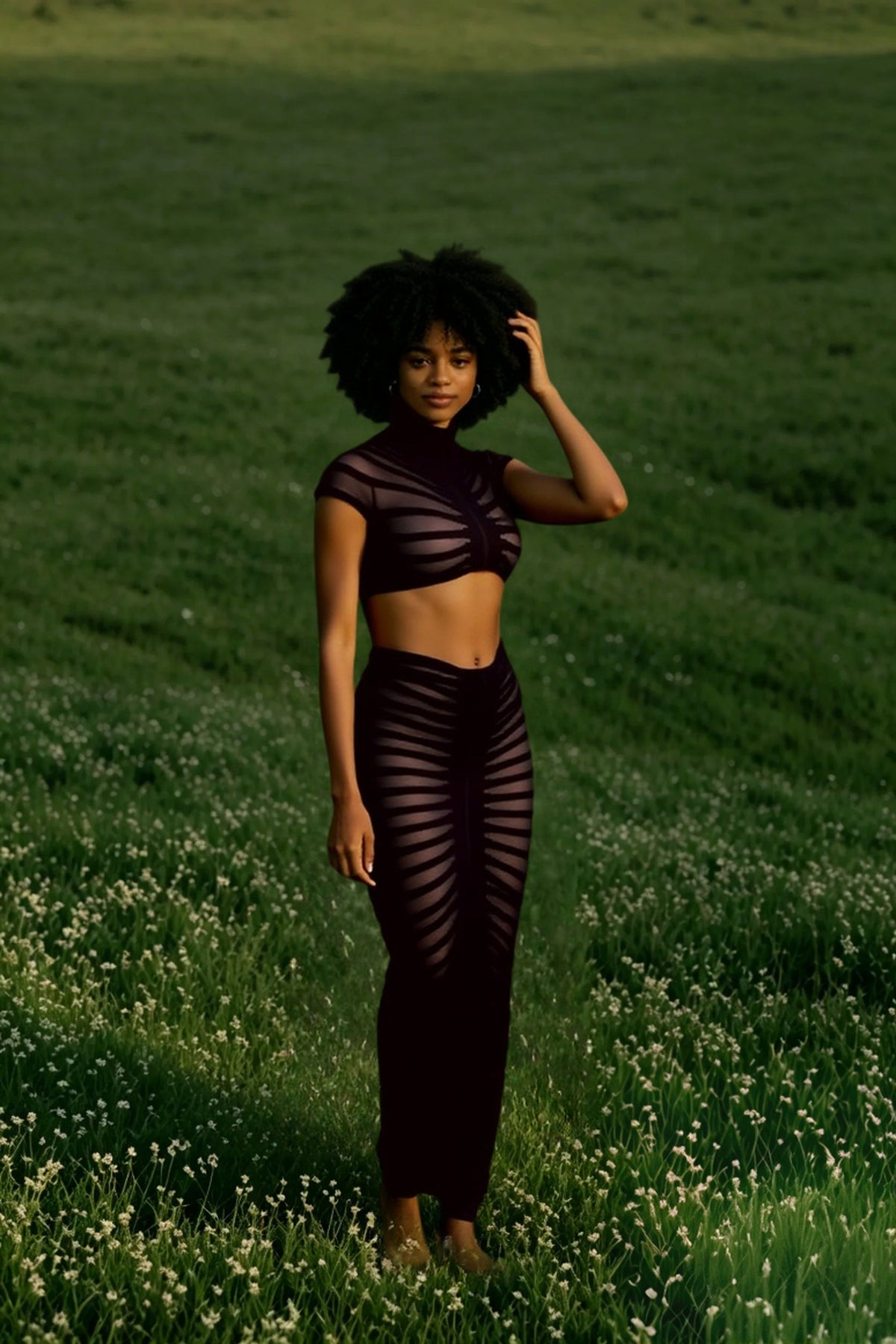 Sheer Stripe Knit Mock Neck Crop Top and Maxi Skirt Two Piece Set 3