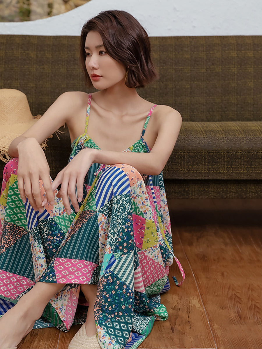 Spaghetti Strap V-Neck Patchwork Triangle Print Ruffle Flowy Maxi Dress