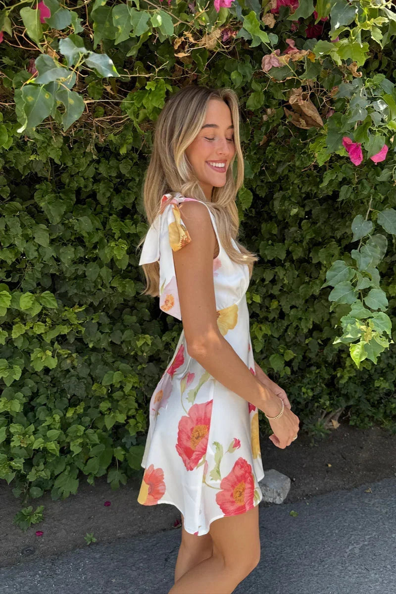 Floral Print Satin V-Neck Tie Shoulder Empire Waist Mini Dress 2