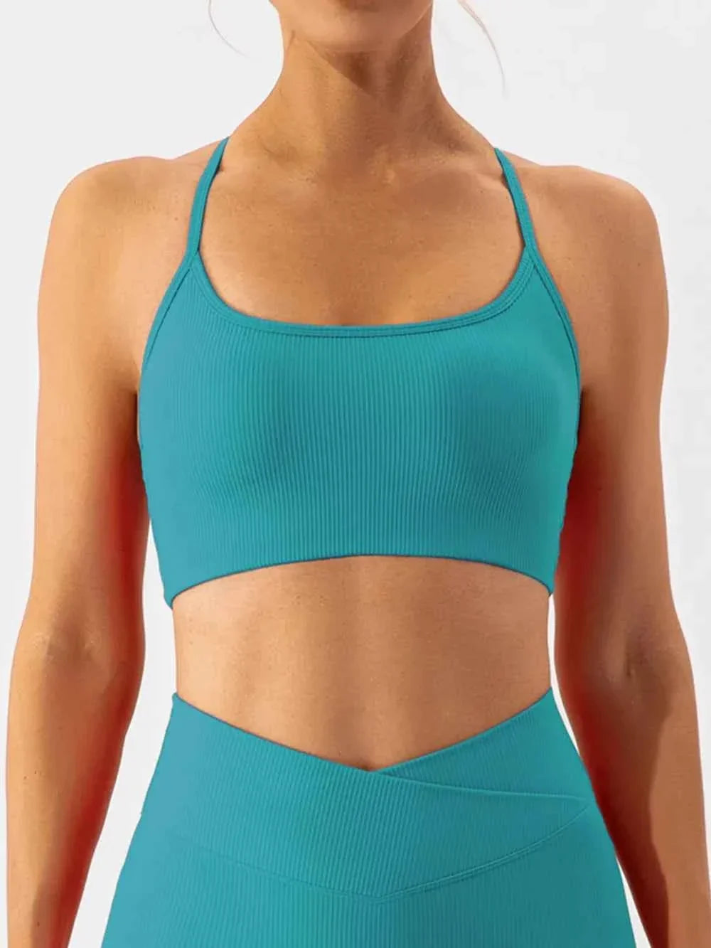 Ribbed Scoop Neck Spaghetti Strap Cropped Sports Bra Top 16