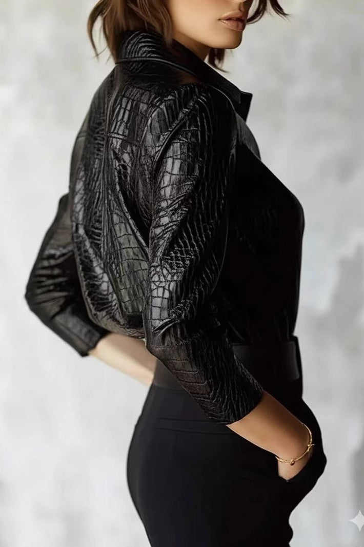 Snake Print Faux Leather Shiny Long Sleeve Chic Blouse