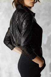 Snake Print Faux Leather Shiny Long Sleeve Chic Blouse