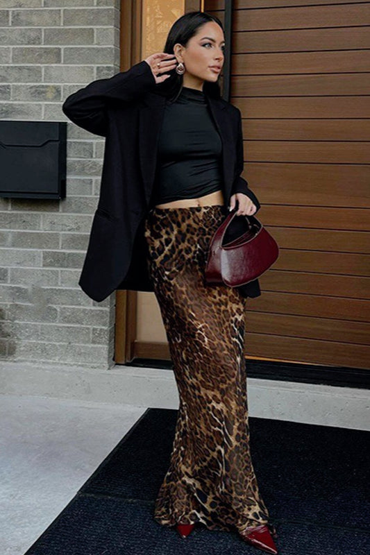 Leopard Print Satin High Waist Fishtail Hem Maxi Skirt