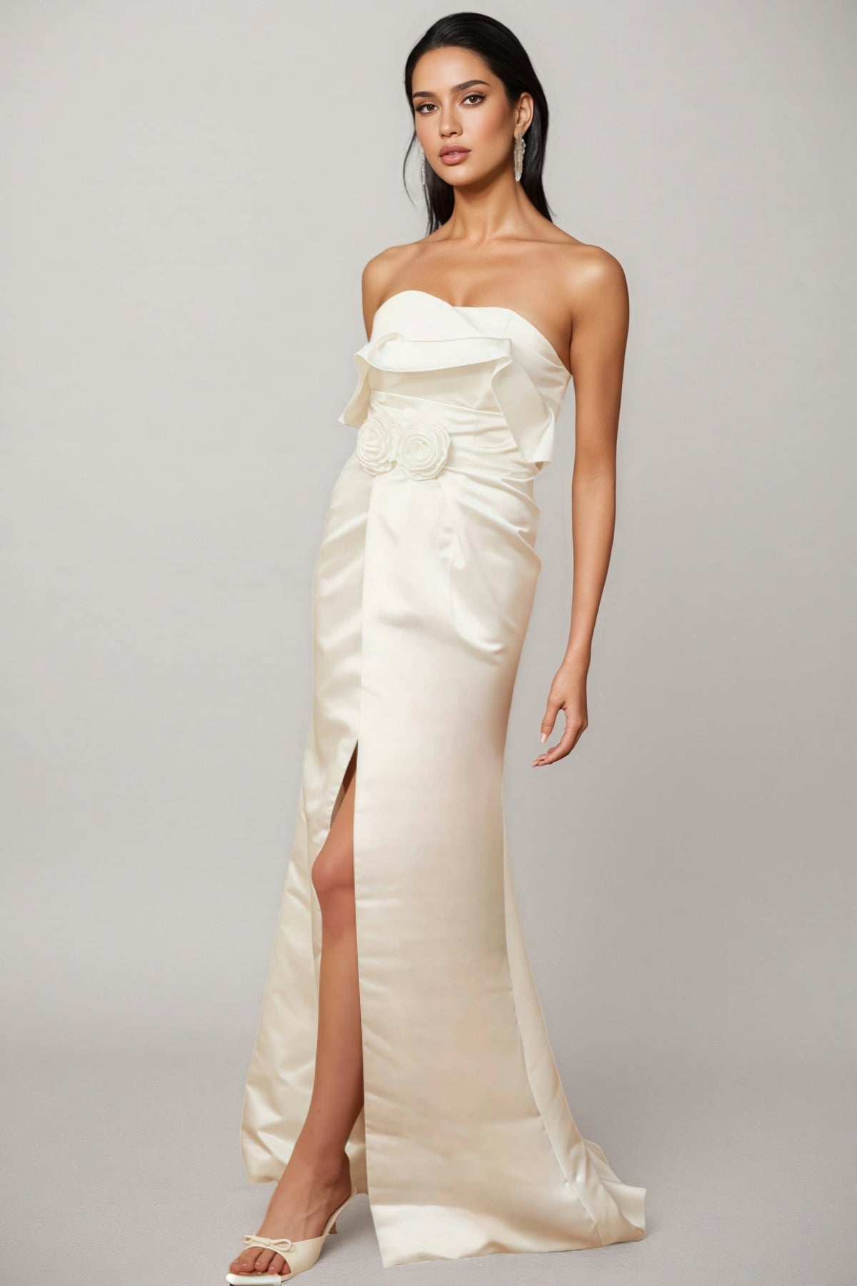 Strapless Satin Ruffle Rosette Applique High Split Maxi Gown