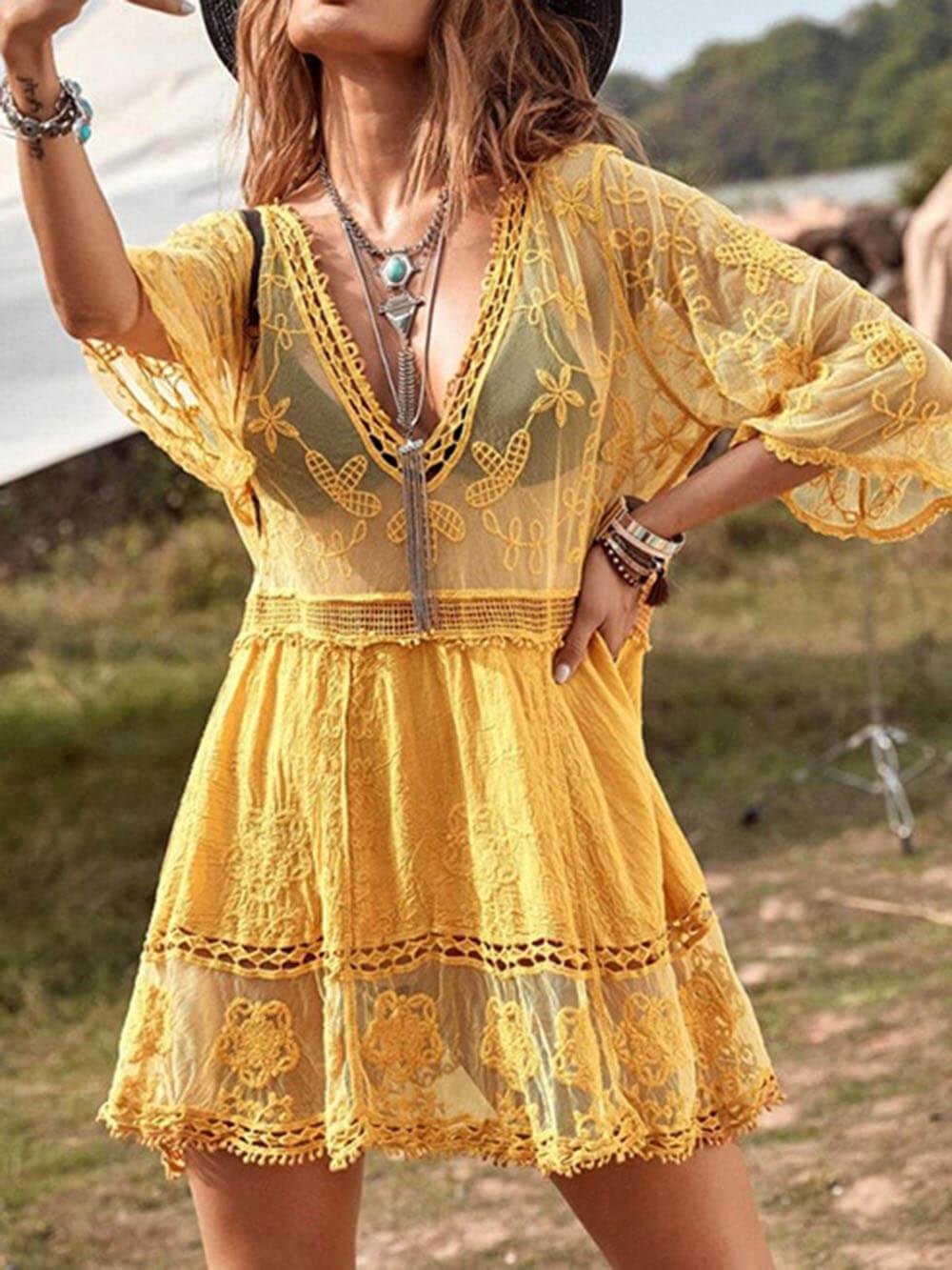 Loose Lace Beach Vacation Bikini Cover-Up Dress Yellow F