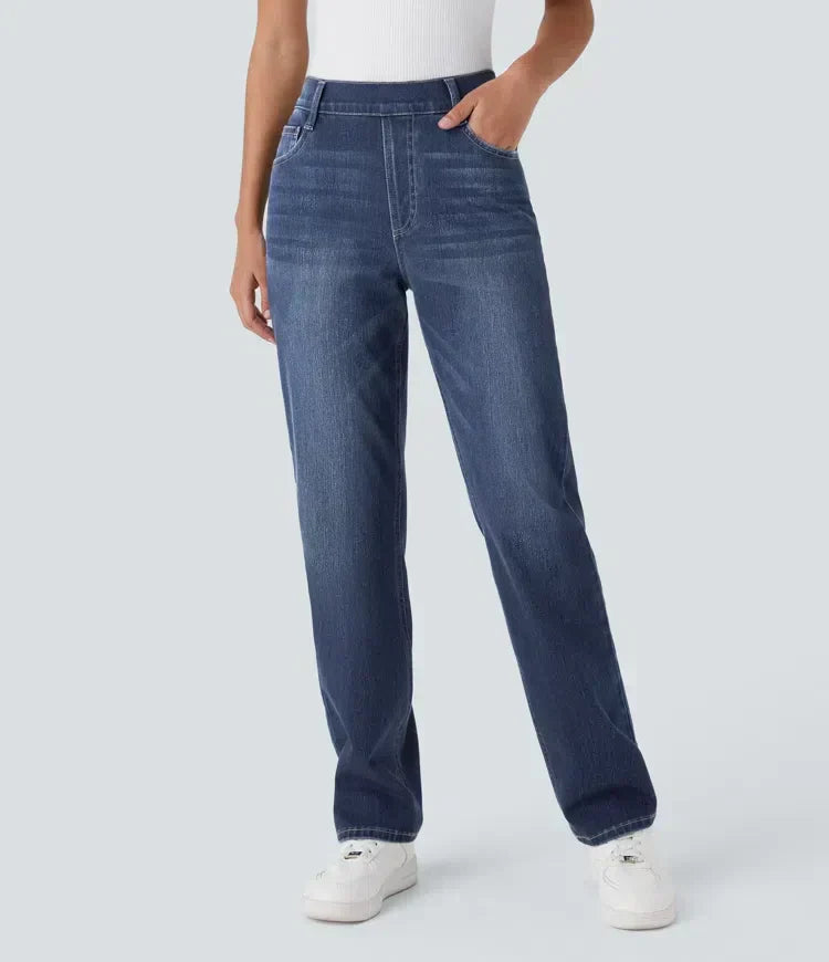 High Waist Straight Leg Pull On Jeans