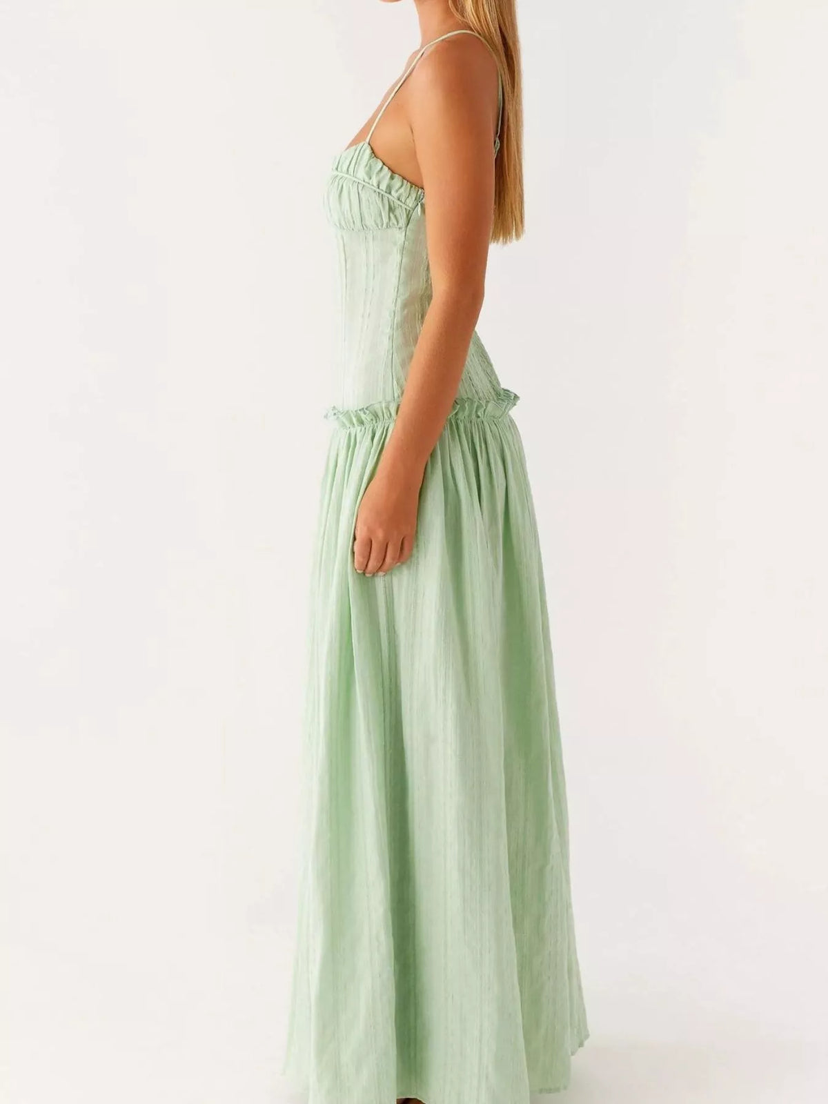 Ruched Bust Drop Waist Ruffle Trim Cami Maxi Dress 9