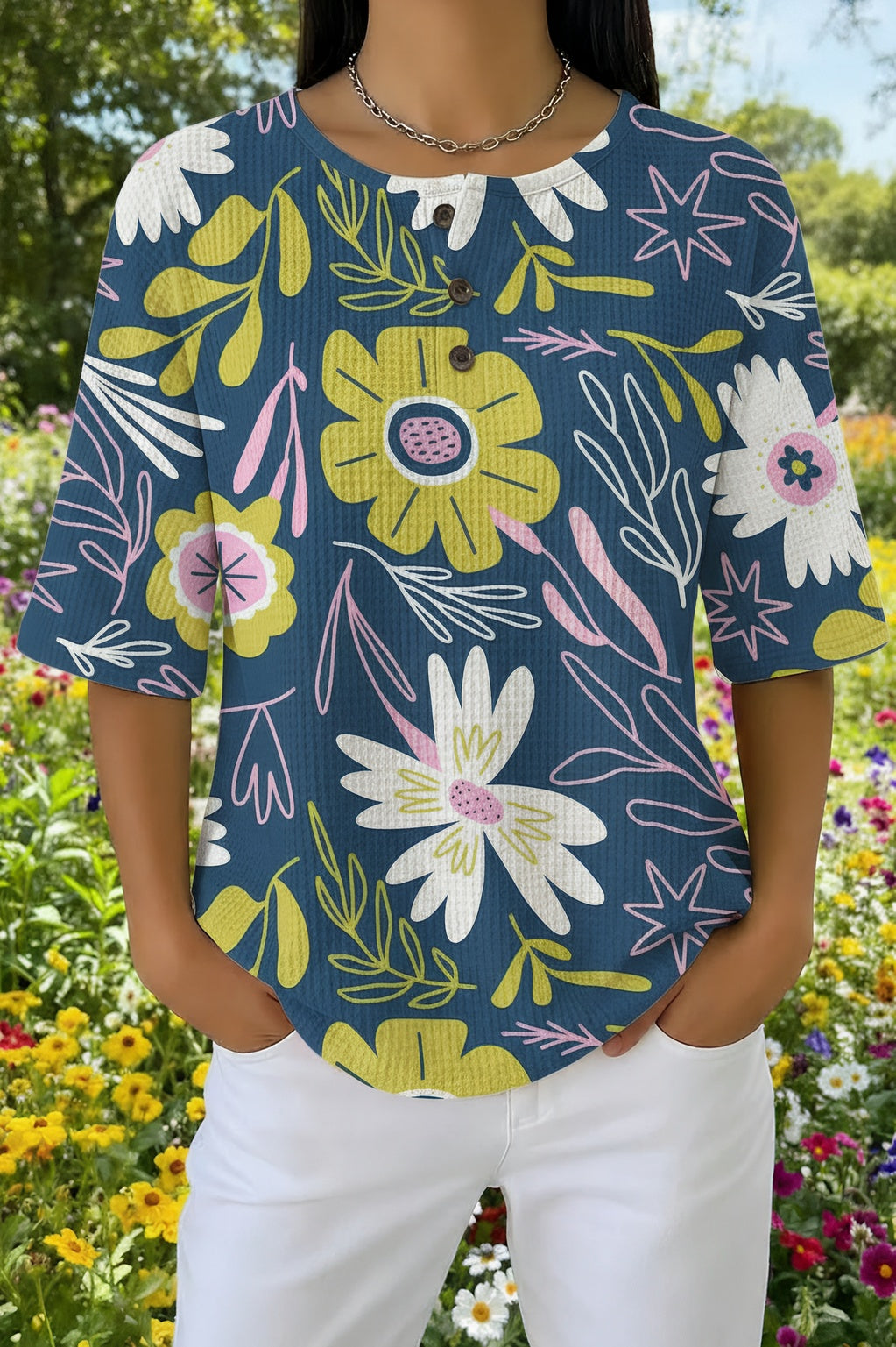 Womens Dark Blue Floral Print Casual Shirt