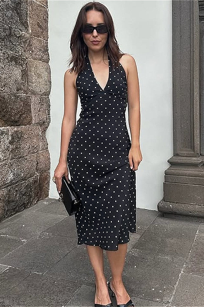 Polka Edition Dot Halter Backless Maxi Dress