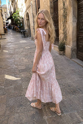 Bow-Strap Floral Smocked Midi Dress