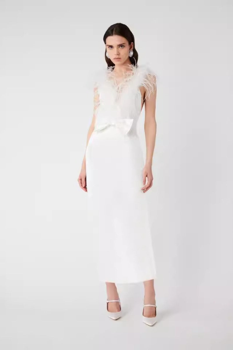 Ostrich Feather Trim Gown Prom Dress