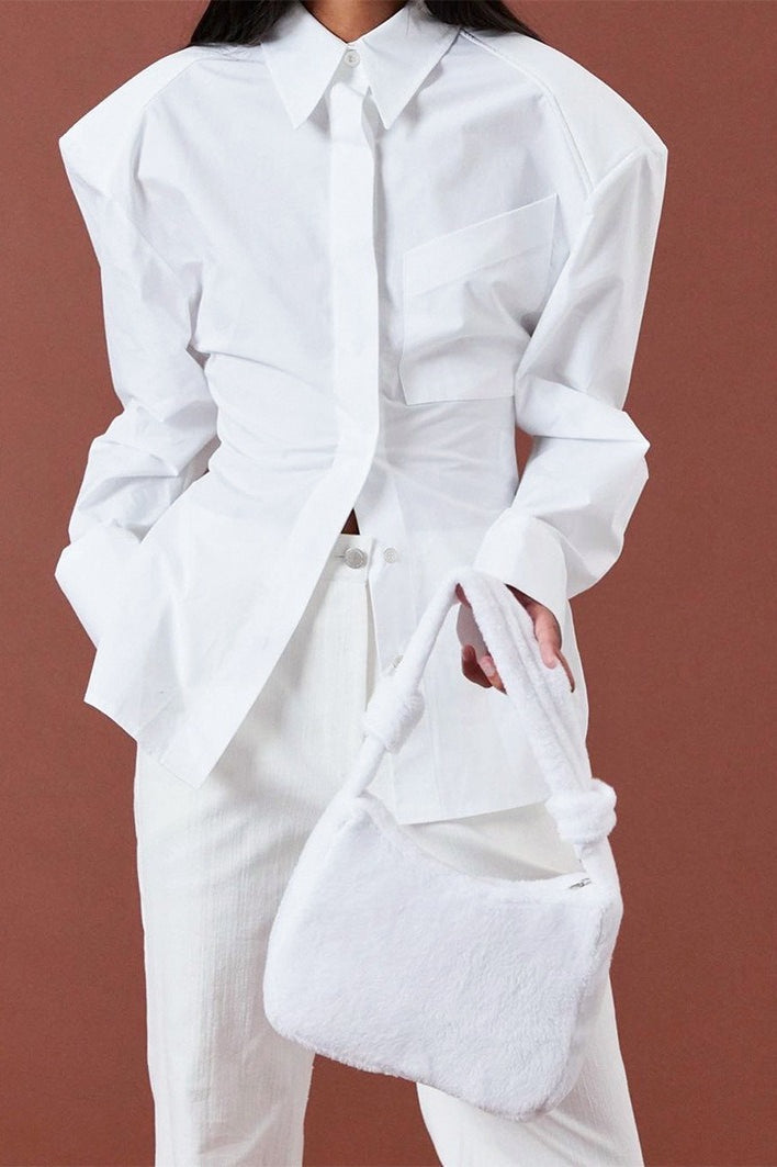 Collared Padded Shoulder Gathered Waist Button Front Pocket Shirt