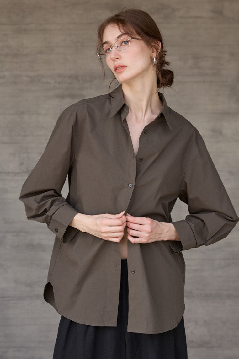 Collared Long Sleeve Curved Hem Relaxed Button Front Shirt