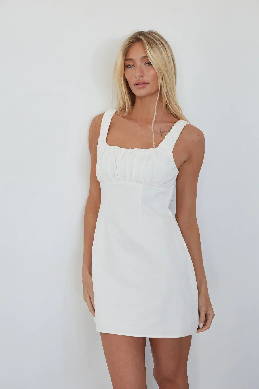 Ruched Square Neck Sleeveless Seamed A-Line Mini Dress 3