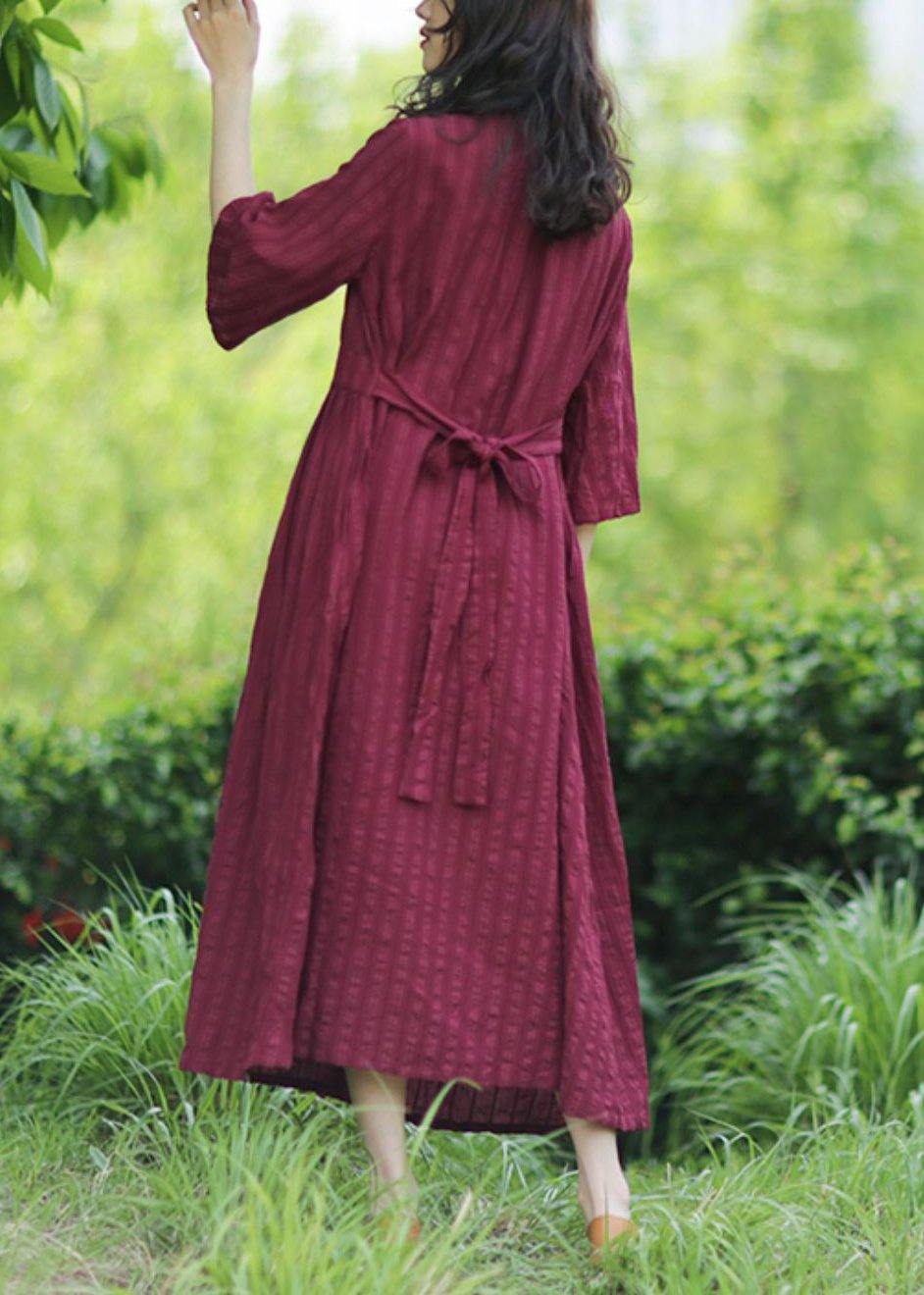 Textured Stripe V-Neck Bell Sleeve Wrap Bodice Maxi Dress