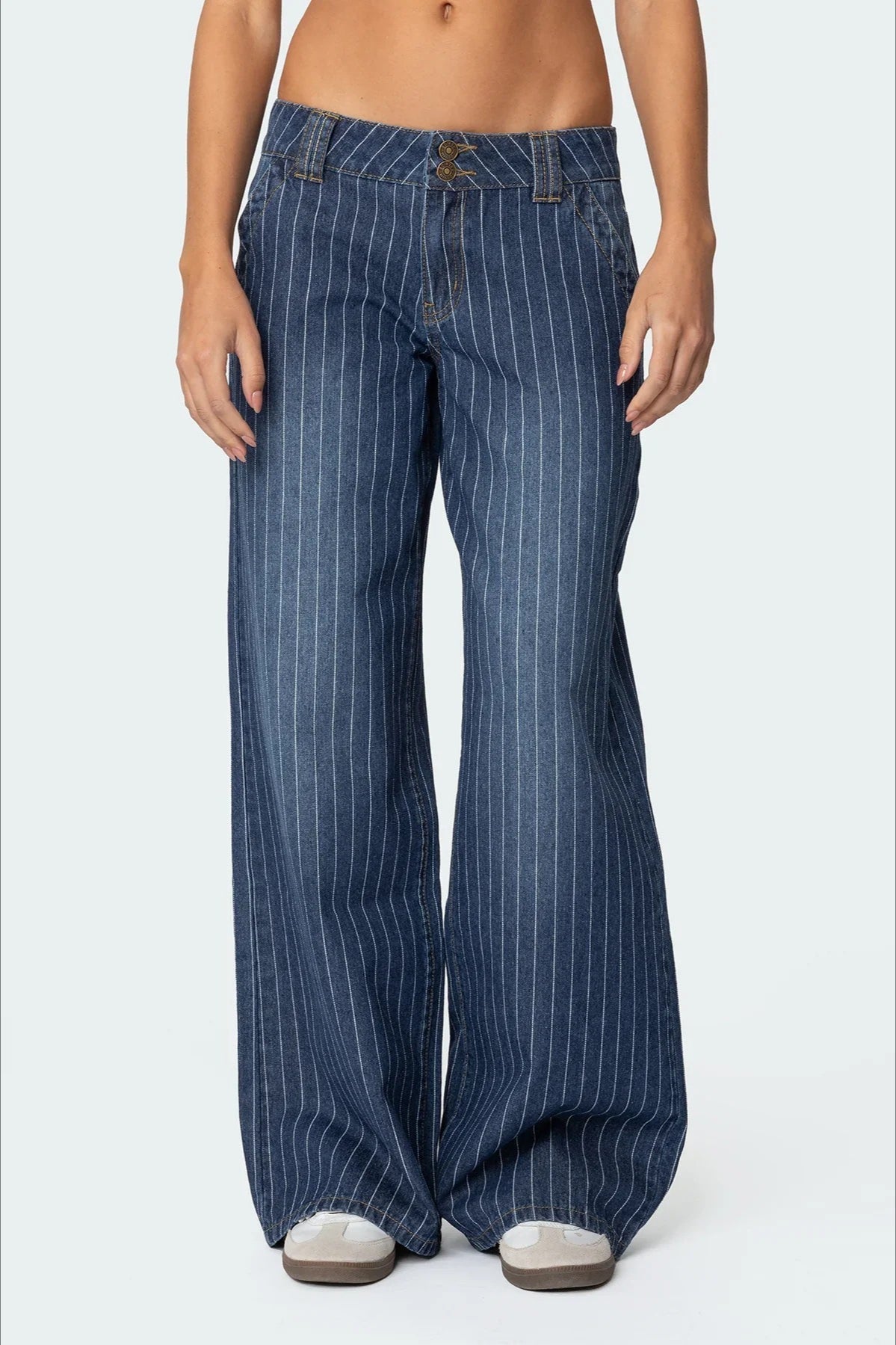 Pinstripe Low Rise Wide Leg Flared Denim Jeans 4