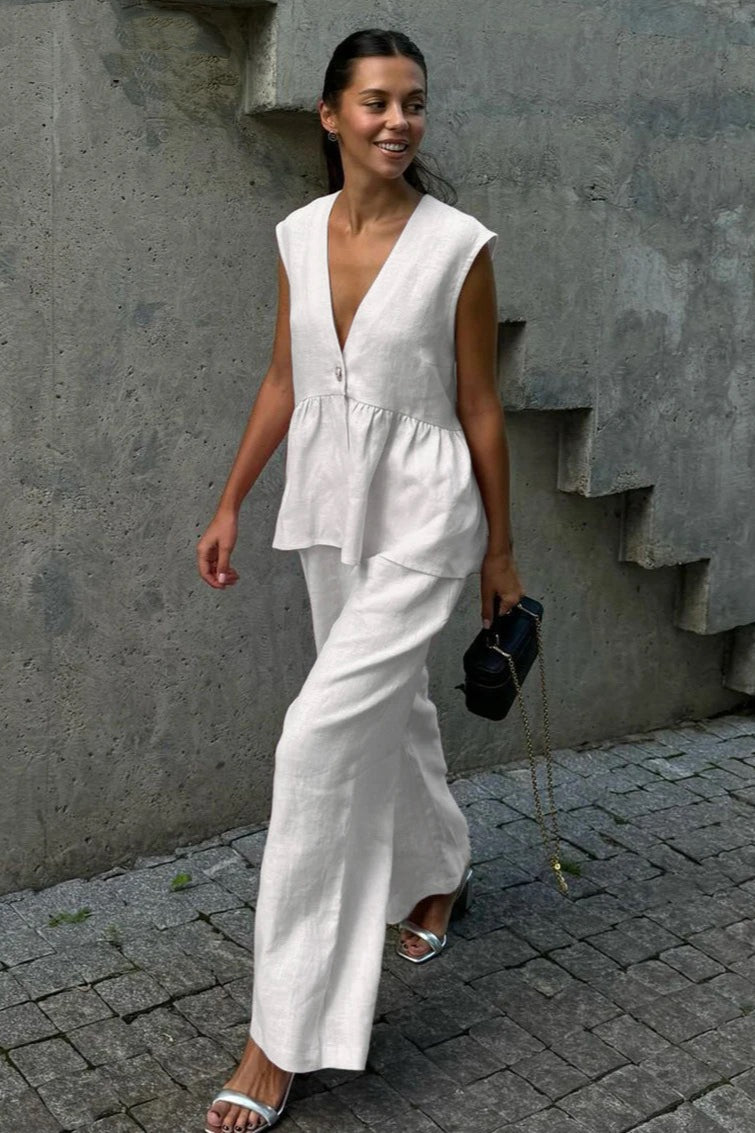 V-Neck Sleeveless Peplum Vest and Wide Leg Pants Two Piece Set 6