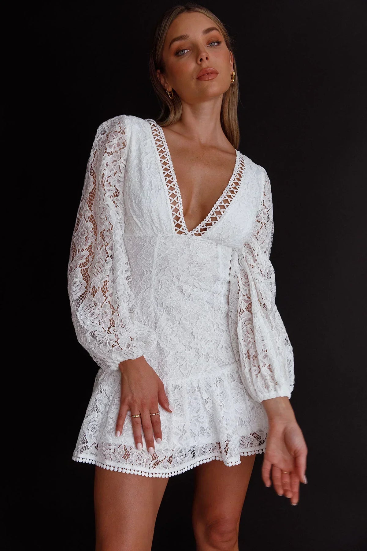 Lace Plunge V-Neck Balloon Sleeve Ruffle Hem Mini Dress