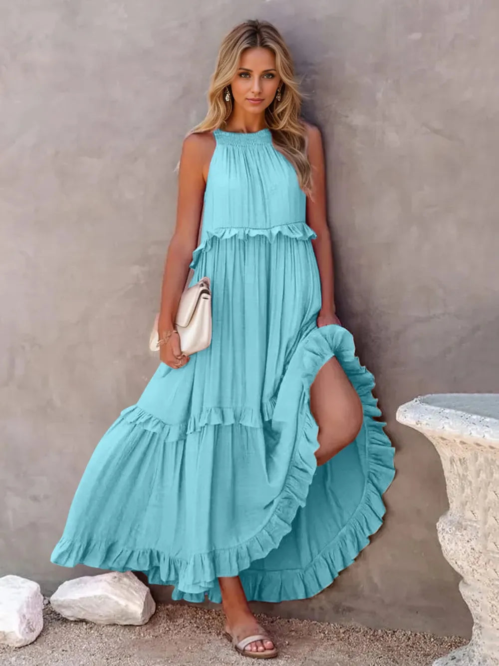 Halter Neck Sleeveless Tiered Ruffle Maxi Dress 20