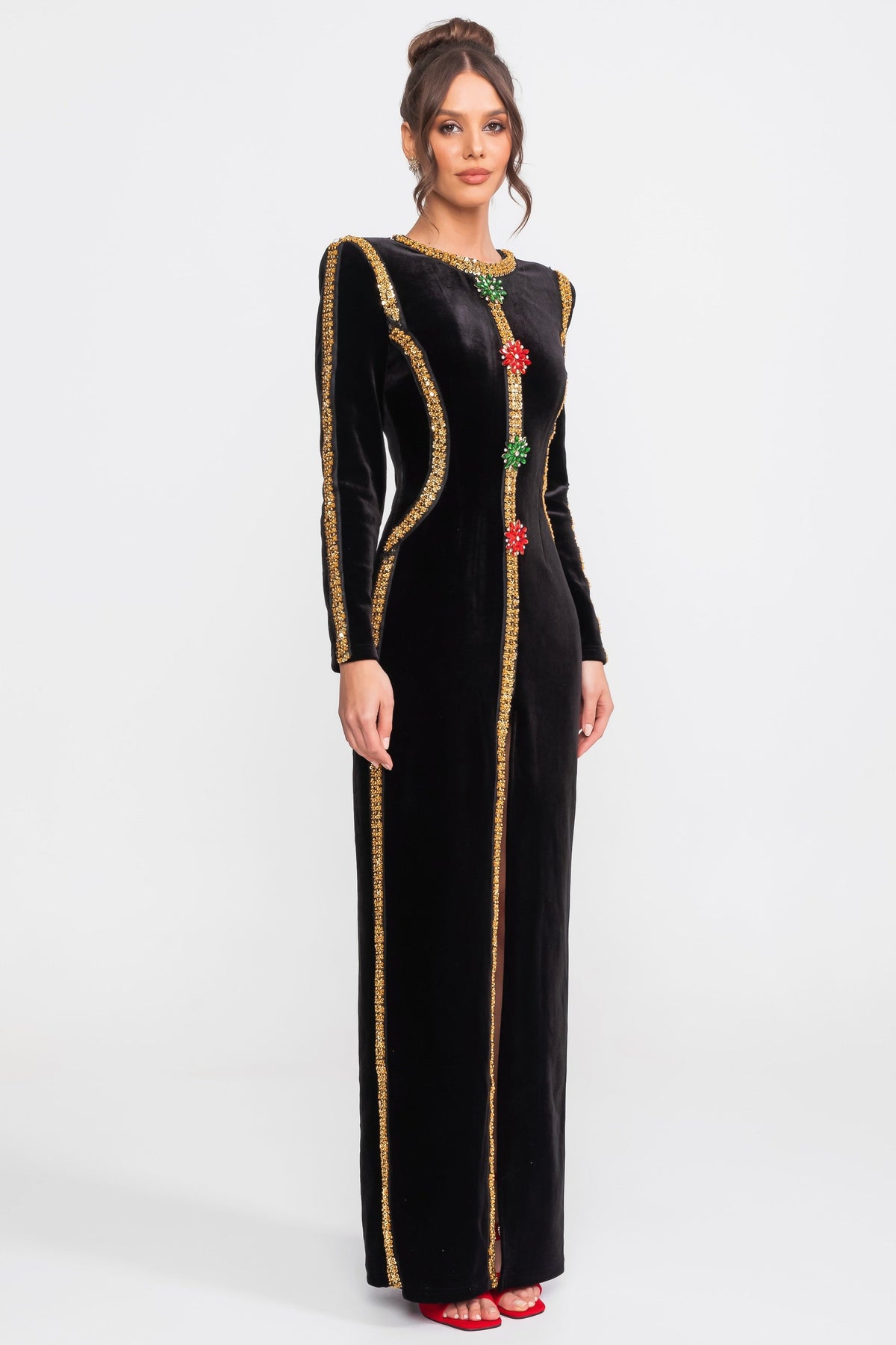 Velvet Long Sleeve Sequin Trim Jewel Embellished High Split Maxi Gown 4