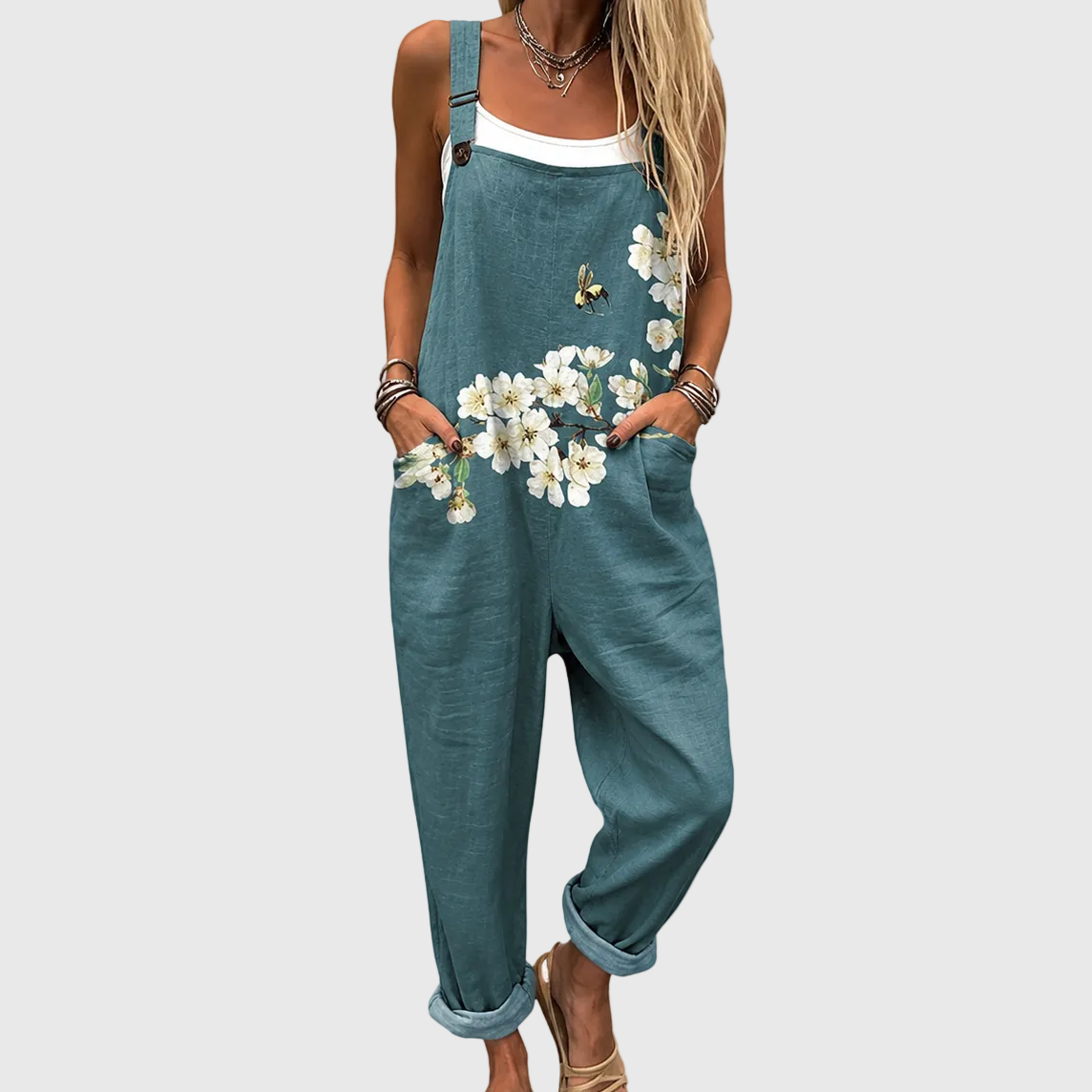 Floral Print Bib Pocket Wide Leg Dungaree Jumpsuit
