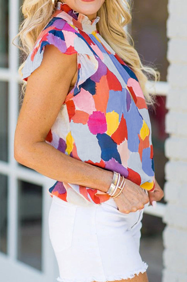 Abstract Brushstroke Print Mock Neck Ruffle Sleeve Blouse 7