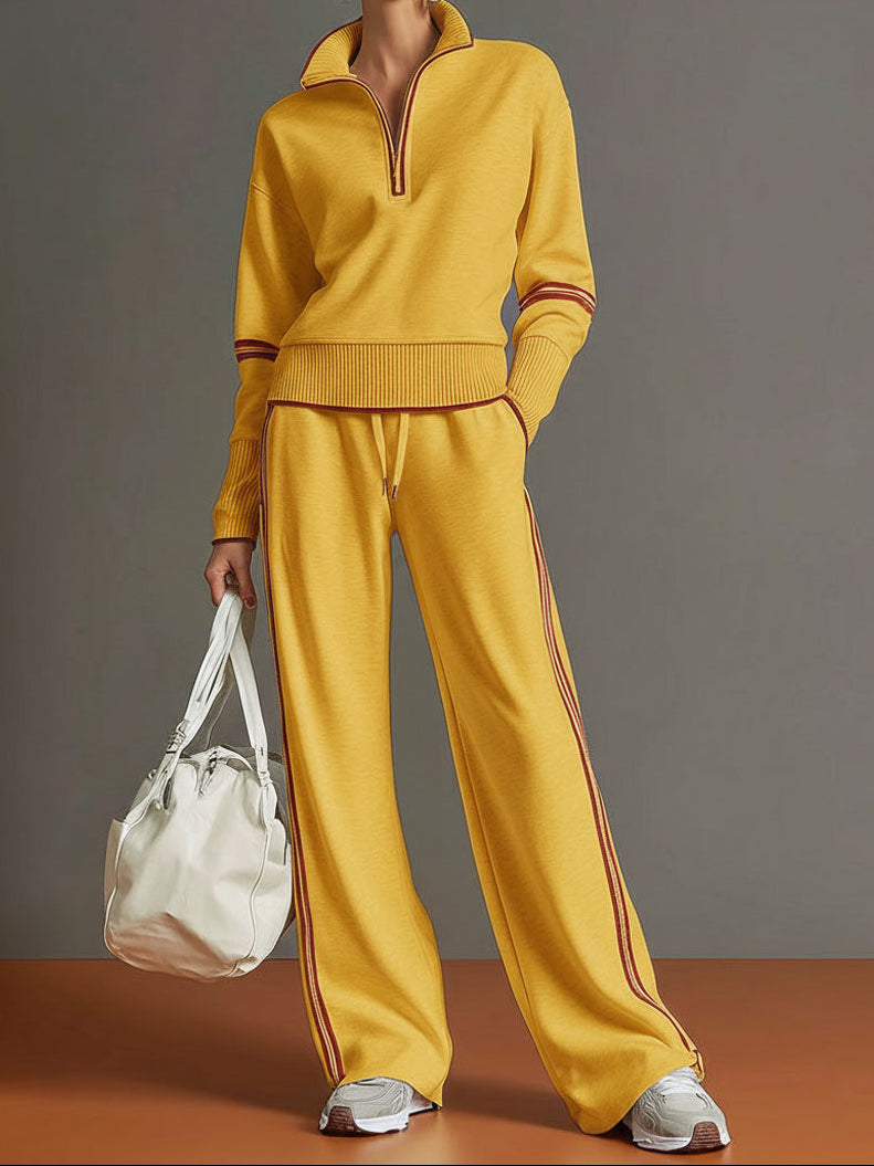 Quarter Zip Contrast Trim Pullover and Wide Leg Pants Two Piece Set