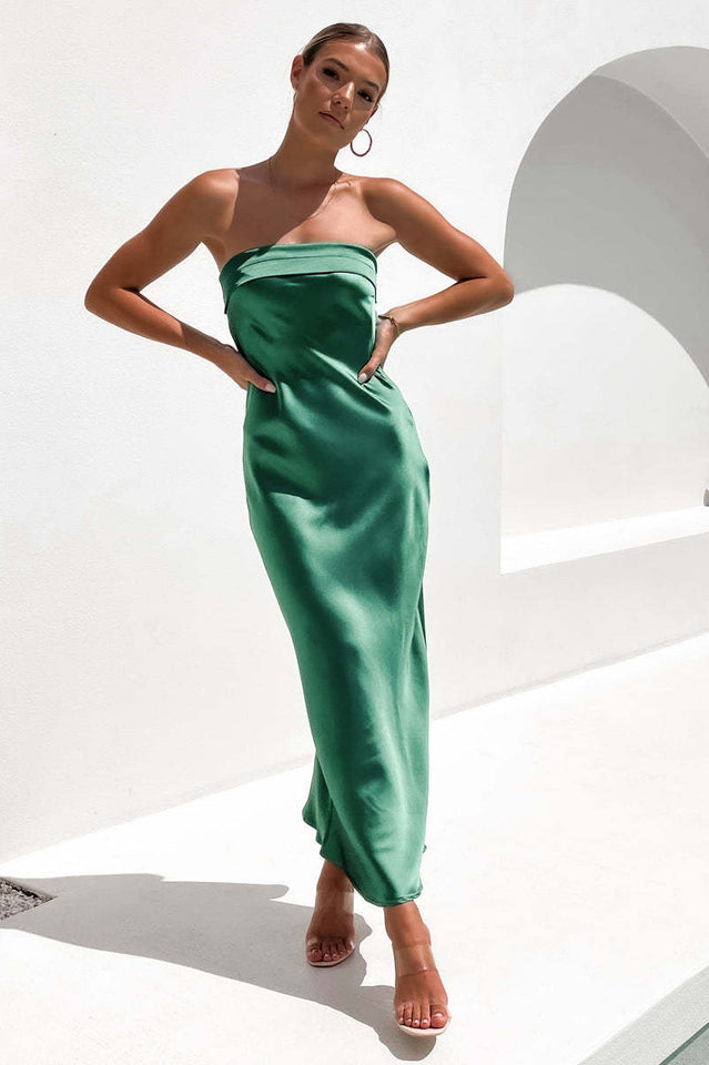 Strapless Satin Straight Neck Column Midi Dress 16