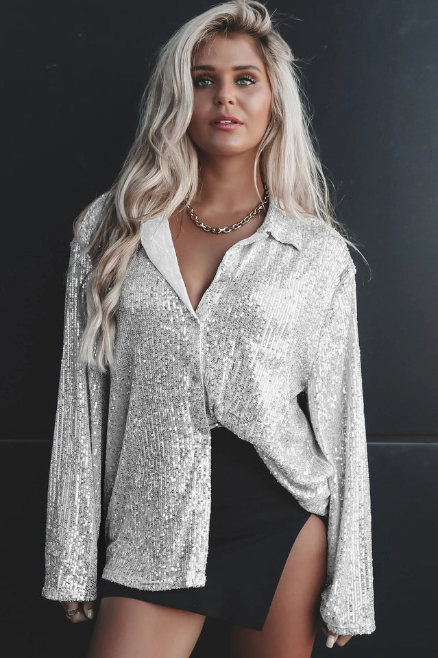 Sequin Collared V-Neck Long Sleeve Oversized Button Front Shirt 21